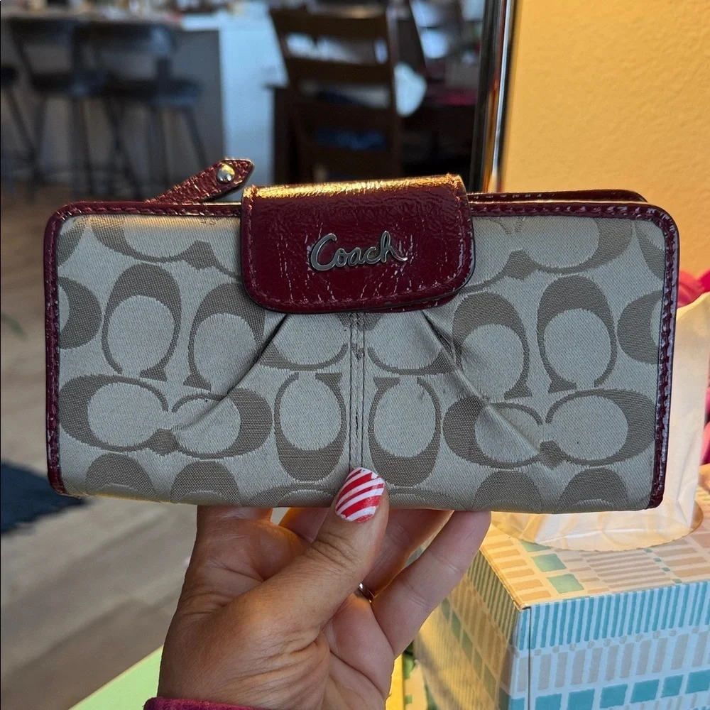 Coach Tan and Burgundy Signature Wallet Red designer wallet purse clutch card
